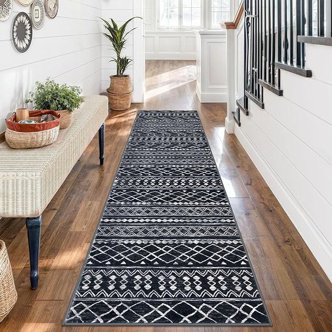 KUTA Moroccan Washable Kitchen Rug, 2x7 Non-Slip Vintage Black Boho Hallway Runner Rugs Ultra Soft Distressed Geometric Floor Carpet Runners for Bedroom Laundry Living Room
