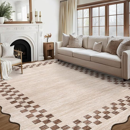 GarveeHome Scalloped Washable Rug 9x12 Area Rug for Living Room Modern Border Large Bedroom Throw Carpet with Rubber Backing Stain Resistant Boho Rug for Dining Room Home Decor Office, Beige