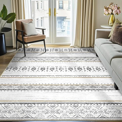 BESTSWEETIE 5x7 Area Rugs for Living Room Washable Moroccan Farmhouse Neutral Geometric Low Pile Non-Slip Soft Print Pattern Rug for Bedroom Kitchen Dining Room Entryway Black/Brown