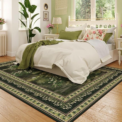 Rugcomf Area Rugs 9x12 Living Room Clearance Impressionist-Style Vintage Washable Rug Non Slip Low Pile Large Rug for Bedroom Farmhouse Dining Room Kids Playroom, Green
