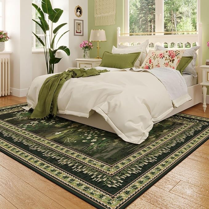 Rugcomf Area Rugs 8x10 Clearance Impressionist-Style Vintage Washable Area Rug Non Slip Low Pile Large Rug for Bedroom Farmhouse Dining Room Kids Playroom, Green