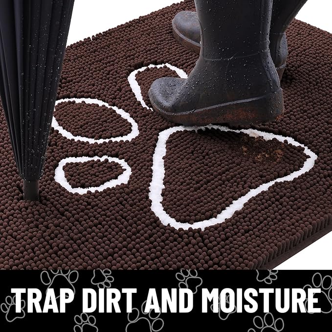 Smiry Dog Door Mat for Muddy Paws, Absorbent Dirt Trapper Non Slip Quick Dry Washable Chenille Mat for Mud Dogs, Entry Rug for Indoor and Outdoor (24x16 Inches, Brown and White)