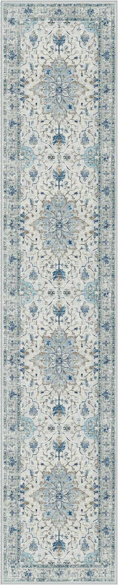 Area Rugs 2'6''x14' Washable Non-Slip, Floral Vintage Distress Print Pattern Medallion Carpet for Living Room Bedroom Dining Room, Light Blue Navy Beige Gray White