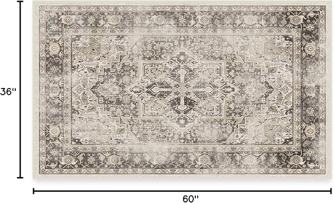 RUGGABLE Washable Vintage Area Rug – Kamran Hazel 3x5, Stain-Resistant, Non-Slip – Small Machine Washable Rugs for Living Room, Bedroom, Hallway, Entryway & Office–with Standard Pad