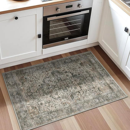 2x3 Machine Washable Area Rug for Entryway, Grey Rusty Boho Vintage Floral Rug Non-Slip Low Pile Soft Faux Wool Small Carpet, Kids and Pets Friendly for Bedroom Kitchen Hallway Bedside Home Decor Rug