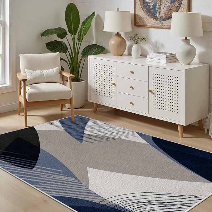 Abstract Art Line Living Room Area Rugs 5x8, Modern Boho Geometric Print Soft Rug, Minimalist Washable Non Slip Neutral Carpet for Bedroom, Dining Room Office Playroom, Navy Blue Gray