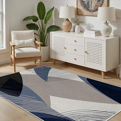 Abstract Art Line Living Room Area Rugs 5x8, Modern Boho Geometric Print Soft Rug, Minimalist Washable Non Slip Neutral Carpet for Bedroom, Dining Room Office Playroom, Navy Blue Gray