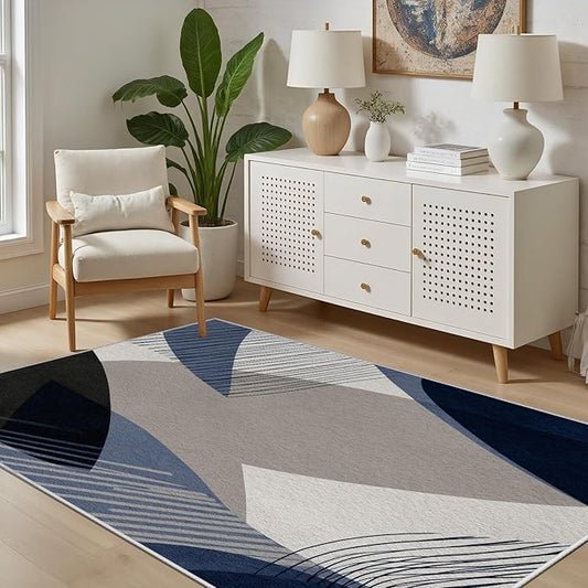 Abstract Art Line Living Room Area Rugs 4x5, Modern Boho Geometric Print Soft Rug, Minimalist Washable Non Slip Neutral Carpet for Bedroom, Dining Room Office Playroom, Navy Blue Gray