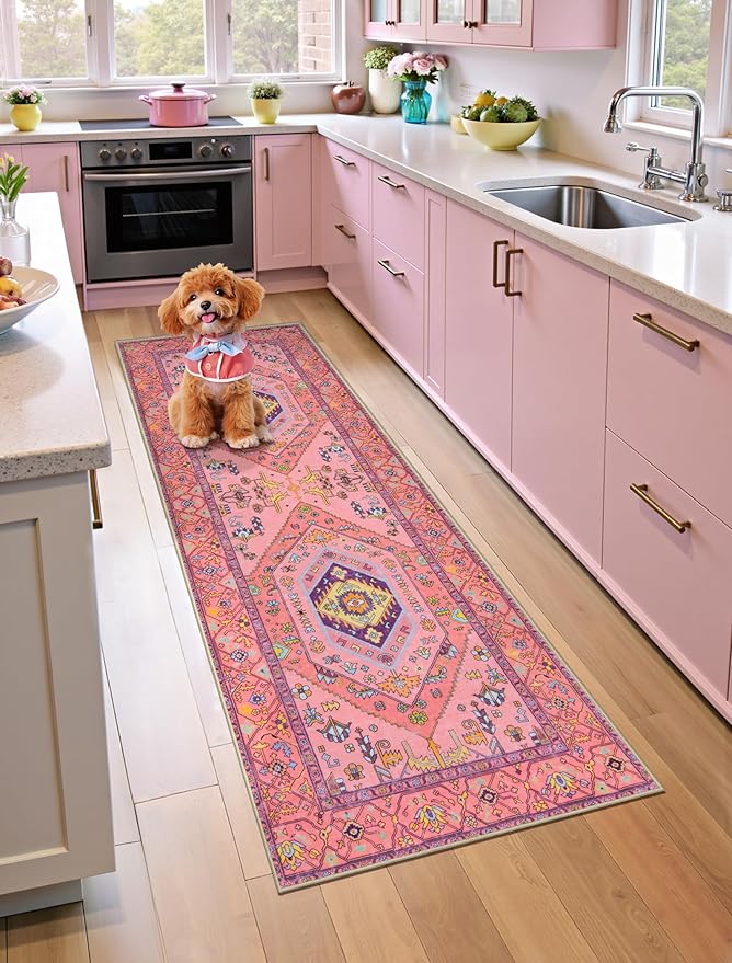 SERISSA Washable Kitchen Runner Rug, 2x6 Non-Slip Fuchsia Pink Runner Rugs for Hallway, Ultra Soft Cute Boho Aesthetic Low-Pile Floor Carpet for Bedroom Bathroom Laundry Living Room