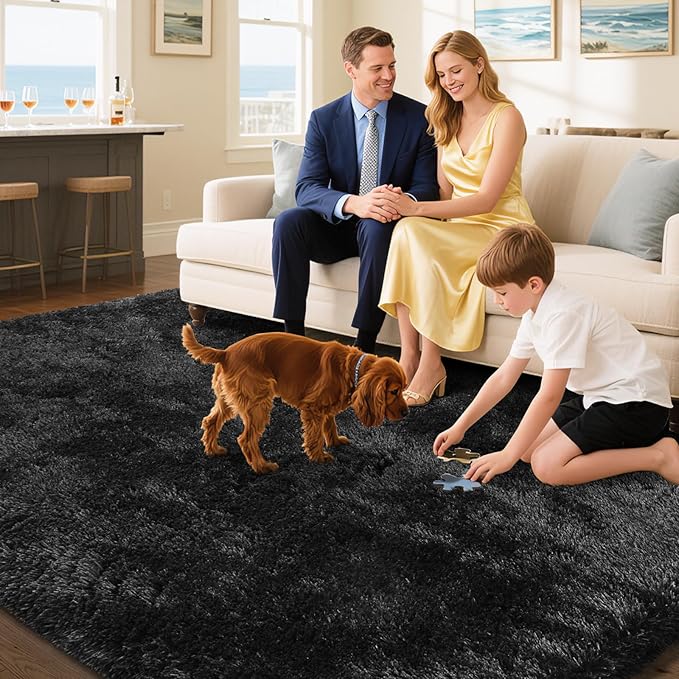 Fluffy Rug Shaggy Area Rug, Black 8x10 Area Rugs for Living Room, Large Shag Area Rugs for Bedroom Kids Room Home Decor, Upgrade Anti-Skid Rectangular Fuzzy Rugs
