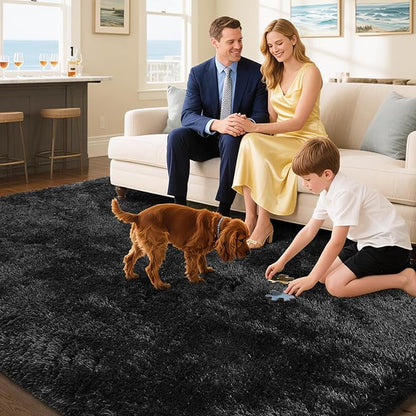 Fluffy Rug Shaggy Area Rug, Black 6x9 Area Rugs for Living Room, Large Shag Area Rugs for Bedroom Kids Room Home Decor, Upgrade Anti-Skid Rectangular Fuzzy Rugs