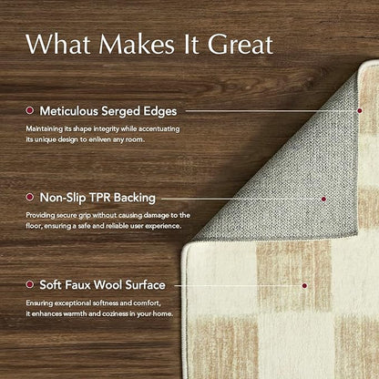EVERGRACE Checkered Plaid Area Rug 2x6, Soft Faux Wool Rugs Washable Anti Slip Rugs Long Runner Rug Carpet for Entryway Bedroom Living Room Hallway Kitchen Dining Room and Laundry Room, Beige