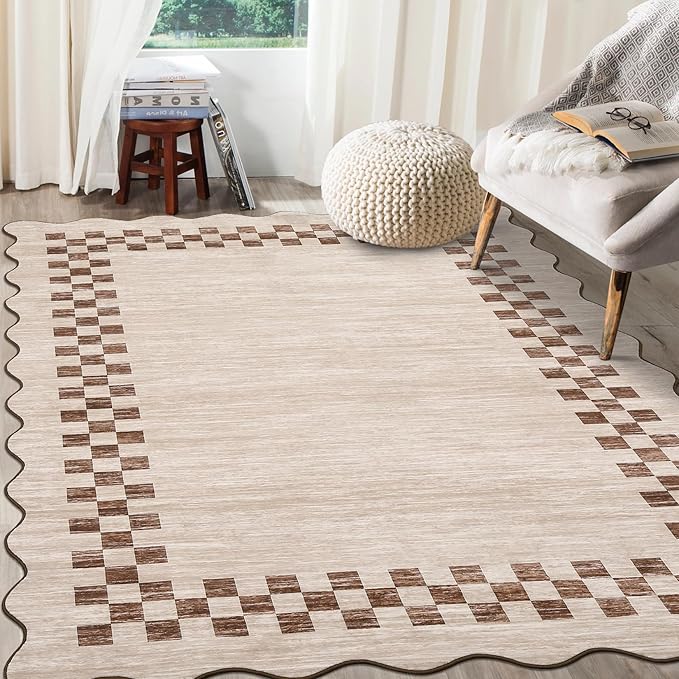 GarveeHome Scalloped Washable Rug 9x12 Area Rug for Living Room Modern Border Large Bedroom Throw Carpet with Rubber Backing Stain Resistant Boho Rug for Dining Room Home Decor Office, Beige