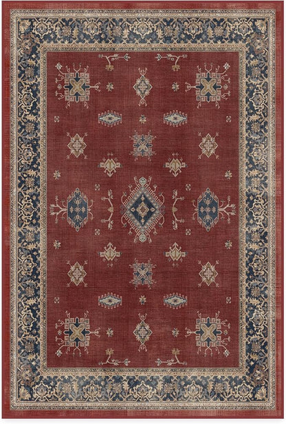 RUGGABLE Washable Vintage Area Rug – Verena Amber Red 4x6, Stain-Resistant, Non-Slip – Medium Machine Washable Rugs for Living Room, Bedroom, Hallway, Entryway & Office–with Standard Pad