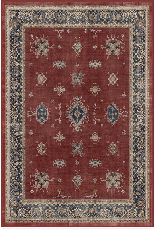 RUGGABLE Washable Vintage Area Rug – Verena Amber Red 4x6, Stain-Resistant, Non-Slip – Medium Machine Washable Rugs for Living Room, Bedroom, Hallway, Entryway & Office–with Standard Pad