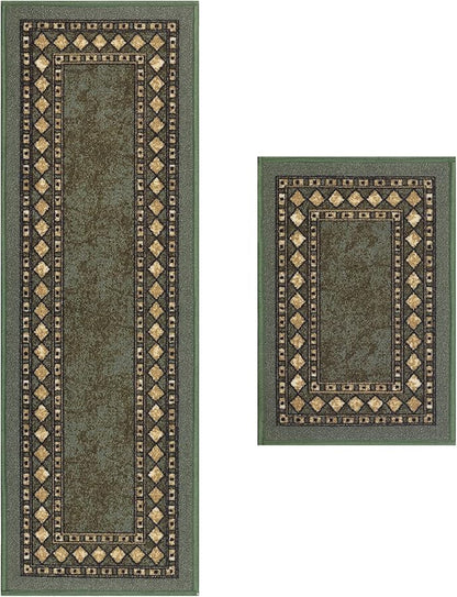 Antep Rugs Alfombras Modern Bordered 2pc Non-Skid (Non-Slip) Low Profile Pile Rubber Backing Indoor Kitchen Runner Rugs (Green, 2pc Set)