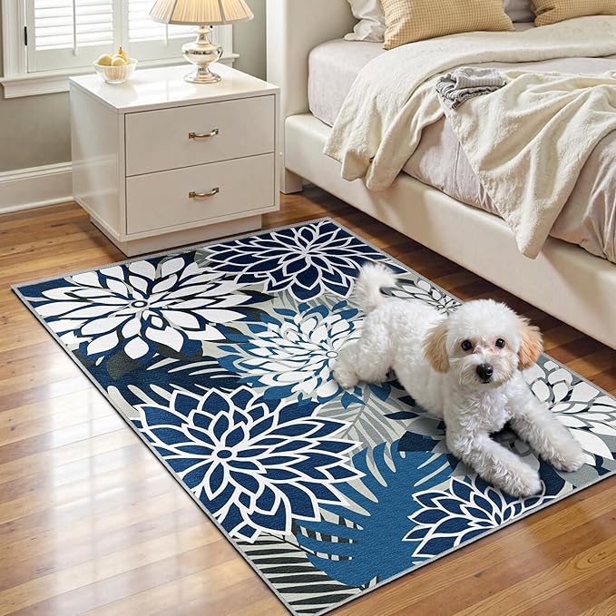 2x3 Washable Small Rug Tropical Botanical Modern Floral Indoor Chenille Door Mat Carpet Non Slip for Patio, Entry Way, Entrance, Porch, Blue