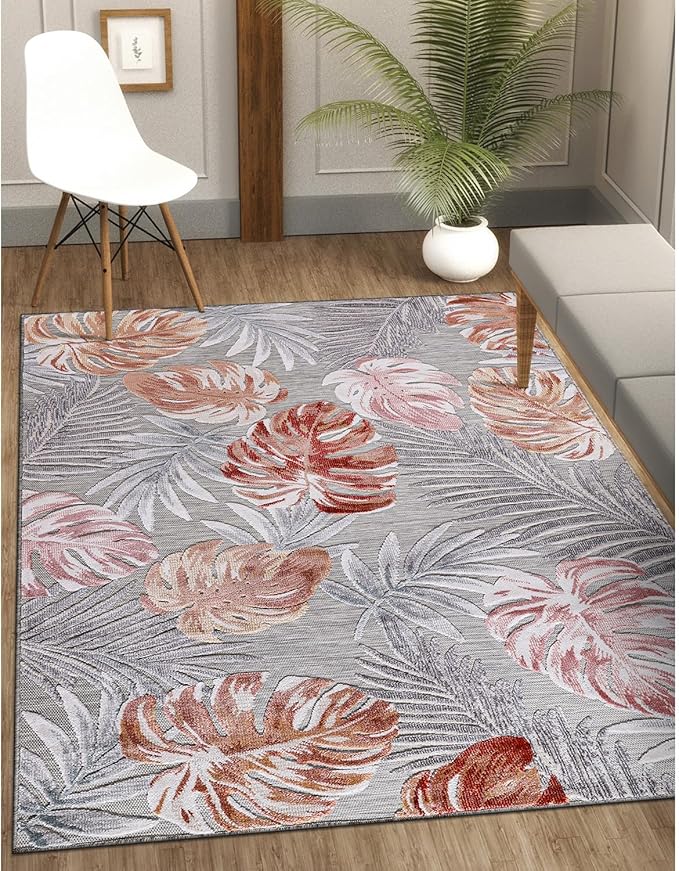 CAMILSON Indoor Outdoor Rug, Mult 9’x12’ Leaf Tropical Botanical Area Rugs for Indoor and Outdoor patios, Easy-Cleaning Non-Shedding Living Room, Garden and Kitchen Washable Outside Carpet (9x12)