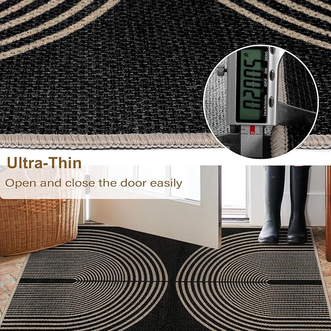 Easy Jute Rainbow Runner Rug, 2x6 Black Washable Rugs Runner for Hallway Non-Slip Boho Farmhouse Kitchen Runner Rug, Modern Abstract Indoor Outdoor Carpet for Porch Laundry Entryway
