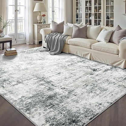 6x9 Machine Washable Area Rug for Living Room, Grey Modern Vintage Abstract Rug Large Non-Slip Low Pile Soft Faux Wool Carpet, Kids and Pets Friendly for Bedroom Dining Room Farmhouse Home Decor Rug