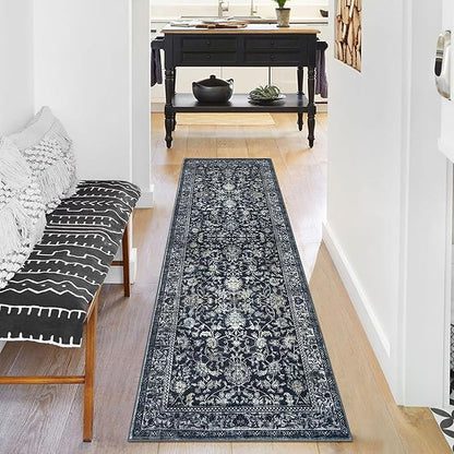 KILOCOCO Hallway Runner 2x6 Rug Runner Printed Vintage Floral Washable Kitchen Runners Non-slip Rubber Backed Runners for Hallways Laundry Room Distressed Boho Rugs for Entryway Bedroom, Navy/Charcoal