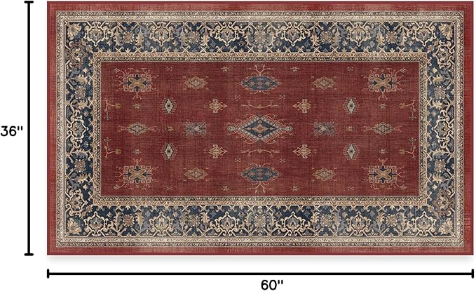 RUGGABLE Washable Vintage Area Rug – Verena Amber Red 3x5, Stain-Resistant, Non-Slip – Small Machine Washable Rugs for Living Room, Bedroom, Hallway, Entryway & Office–with Cushioned Pad