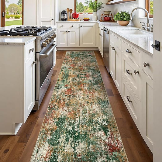 Washable Area Rugs 2'x8' Non-Slip Modern Abstract Soft for Living Room Entryway Bedroom Nursery, Print Pattern, Green Orange Rust Red Cream Colorful