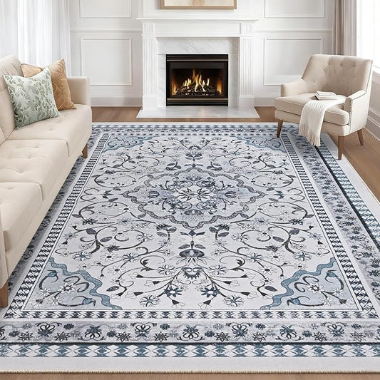 Luxury 5' x 7' Blue Washable Area Rugs, Boho Low Pile Easy Clean Non-Slip Rug, Floral Medallion Pattern Vintage Rugs for Living Room, Dinning Room, Office, Bedroom, Bathroom, Laundry Room, Farmhouse