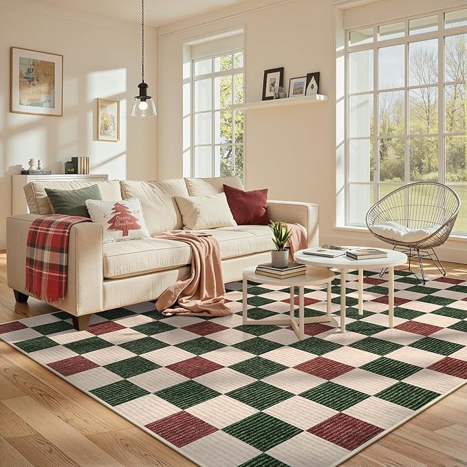 LIVEBOX 8x10 Area Rugs for Living Room Clearance, Checkered Non-Slip Washable Rugs, Farmhouse Neutral Classic Pattern Boys Area Rug for Bedroom, Carpet for Dining Room(Red,8'x10')