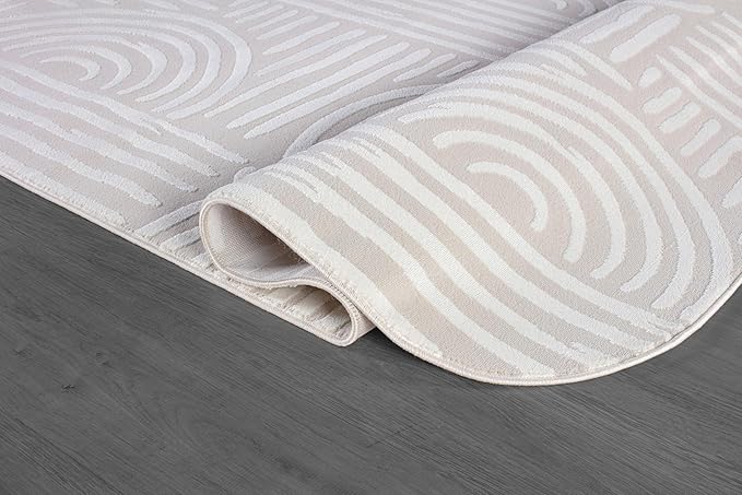 Beverly Rug Modern Geometric Area Rug 5x7 Low-High Pile Durable Soft Abstract Curved Indoor Rugs for Living Dining Room Office Stain Resistant Non Shedding Casual Indoor Carpet Beige White 5 x 7