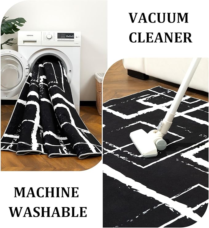 YIHOUSE Black Modern Geometric Area Rug 5x7, Black and White Rug with Abstract Rectangular Patterns,Non-Shedding Washable Rugs for Bedroom, Home Office and Small Living Room