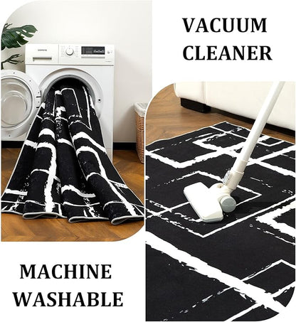 YIHOUSE Black Modern Geometric Area Rug 6x9, Black and White Rug with Abstract Rectangular Patterns,Non-Shedding Washable Rugs for Bedroom, Home Office and Living Room