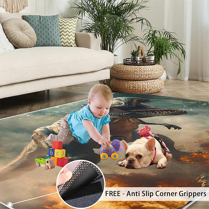Dinosaurs Rugs for Bedroom - 5x6 Area Rug - Flame Dinosaurs Rugs for Living Room, Forest Landscape Rug, Washable Home Decor Carpet