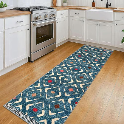 KILOCOCO Kitchen Runner Rug 2x6 Washable Runner Rug Soft Hallway Runners Non Slip Printed Distressed Laundry Room Rugs, Low-Pile Runners for Entryway Bedroom Living Room, Teal/Blue