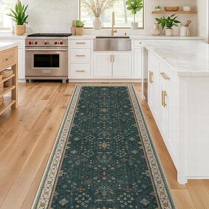 Dark Green Washable Kitchen Runner Rug, 2'6"x8' Wide & Long Non-Slip Rubber Backing Runner for Hallways, Stain Resistant Rugs for Entryway