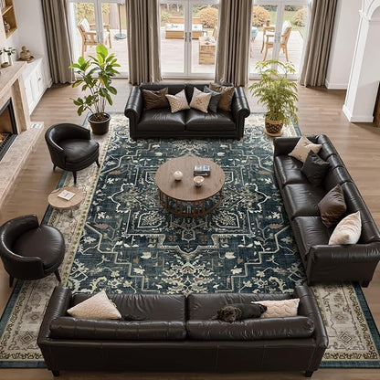 Dark Large 10x14 Area Rugs, Washable Non Slip Big Rug for Living Room Bedroom, Distressed Medallion Vintage Big Carpet Rugs for Dinig Room Family Rooms, Low Pile Thin, Midnight/Multi