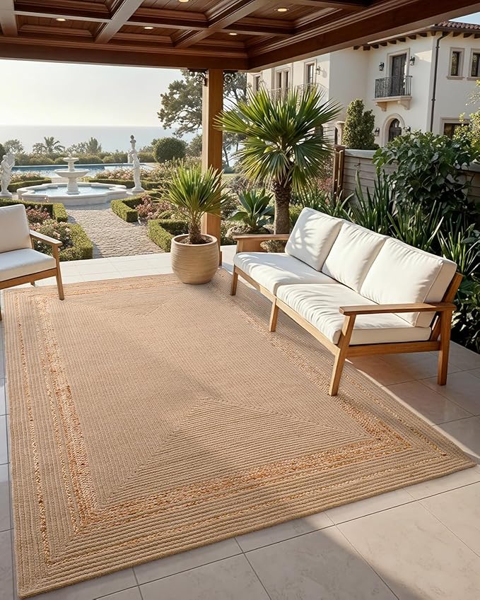 DEXI Jute Rug Natural Fiber 6x9, Braided Woven Area Rugs No Shed, Large Soft Neutral Rustic Carpet Mat for Indoor Entryway Outdoor Patio Dining Living Room Bedroom Farmhouse, Beige/Natural