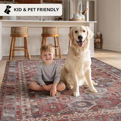 Kuden 2'6"x10 Runner Rug, Machine Washable Area Rug with Non-Slip Backing, Vintage Style, Soft, Easy Clean, Low Pile Rug for Hallway, Entryway, Kitchen, Bedroom