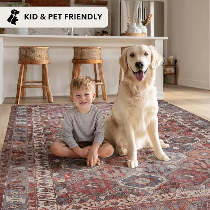 Kuden 9x12 Large Area Rug, Machine Washable Area Rug with Non-Slip Backing, Vintage Style, Soft, Easy Clean, Low Pile Rug for Living Room, Bedroom, Dining Room