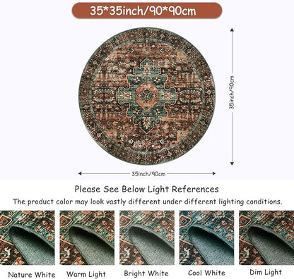 Moynesa Ultra-Thin Washable Round Rug - 3Ft Brown Entryway Rug Low Pile Bathroom Circle Mat, Non Slip Non Shedding Indoor Kitchen Floor Accent Carpet for Bedroom Living Room Foyer Doorway