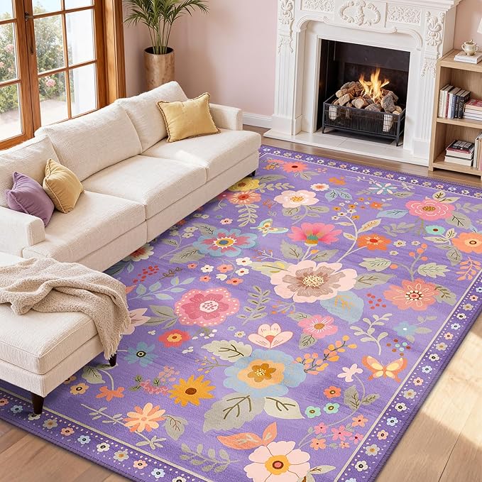 Floral 9x12 Area Rug Machine Washable Soft Print Boho Carpet Non Slip Doormat Low Pile Flower Area Rugs for Living Room Bedroom Nursery Kitchen Dining Room Indoor-Purple/Pink/Multi