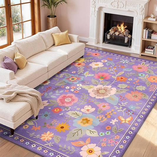 Floral 9x12 Area Rug Machine Washable Soft Print Boho Carpet Non Slip Doormat Low Pile Flower Area Rugs for Living Room Bedroom Nursery Kitchen Dining Room Indoor-Purple/Pink/Multi