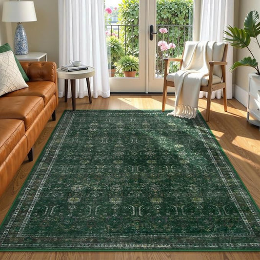 Moynesa Vintage Washable Green Rugs for Living Room 5x7, Retro Area Rug for Bedroom Dining Room Kitchen, Low Pile Soft Non-Slip Accent Carpets for Office Indoor Nursery