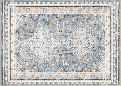 Phantoscope Washable Area Rug 5'x7' Non-Slip, Vintage Neutral Rugs for Living Room, Bedroom, Dining Room, Distressed Boho Geometric Medallion Pattern, Low-Pile Foldable Floor Carpet, Dusty Blue/Multi