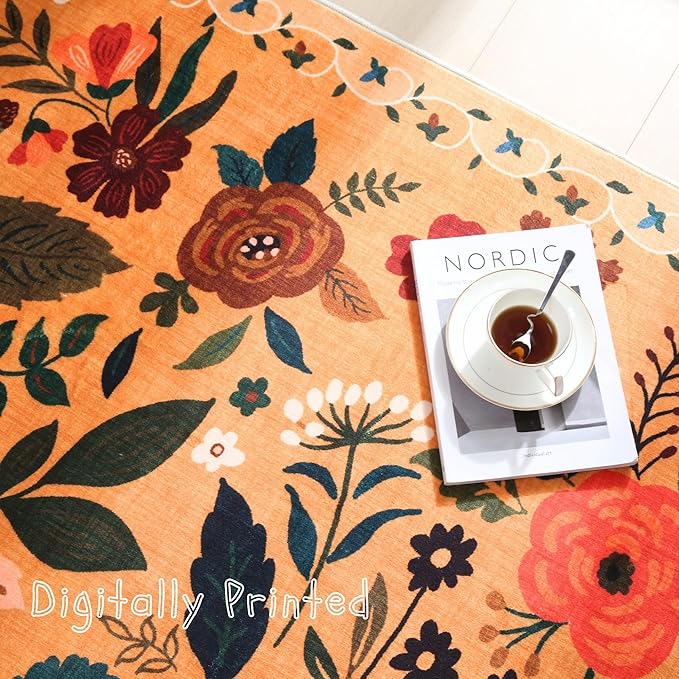 Rugcomf Door Mat Indoor Entrance 2x3 Rug Machine Washable Boho Floral Small Area Rug Non-Slip Low Pile Throw Rugs for Entryway, Kitchen, Front Door Indoor Entrance, Entry, Kids Room (Yellow)