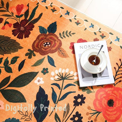 Rugcomf Round Rug 4ft Washable Circle Rug Non Slip Low Pile Boho Floral Small Circular Rug for Bedroom, Bathroom, Entryway, Kids Room, Office, College Dorm(Yellow)