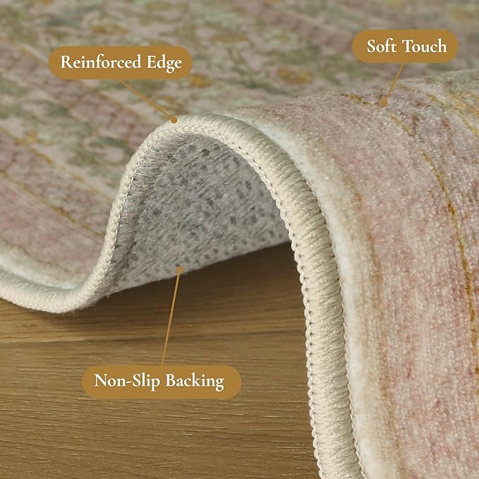 8x10 Washable Area Rug for Living Room, Non Slip Water Repellent Low Pile Carpet for Bedroom & Home Decor, Lightweight Carpet, Brown Pink