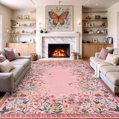 Wonnitar Washable Rug 6x9, Pink Botanical Area Rug for Girls Bedroom, Non-Slip Soft Nursery Kids Room Floral Rug Thin Throw Carpet for Dorm Living Room Decor (Pink,6'x9')