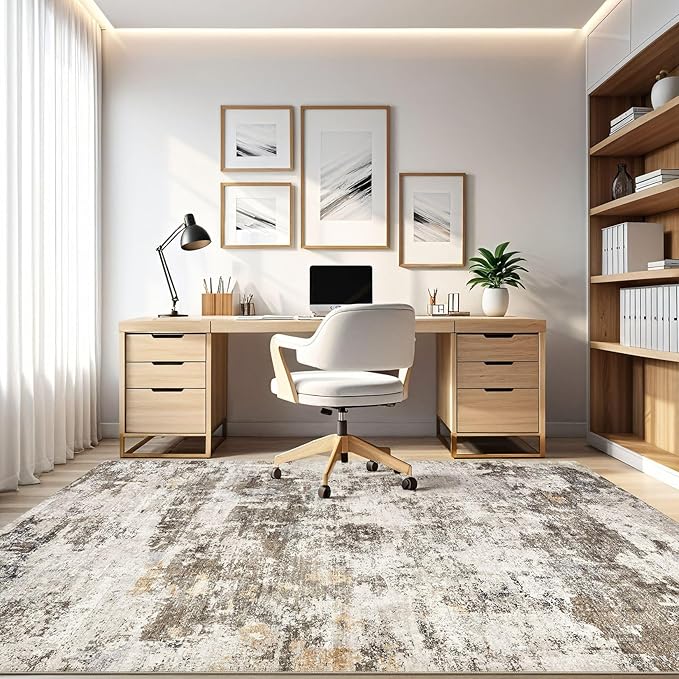 8x10 Area Rugs Living Room: Washable Large Abstract Neutral Modern Soft Rug Stain Resistant Indoor Floor Non-Slip Accent Carpet for Bedroom Nursery Playroom Dining Room Office Dorm Home- Brown Yellow