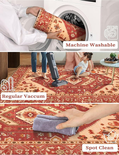 SERISSA Runner Rug for Hallways, 2'6"x14' Washable Non Slip Kitchen Runner Rug, Extra Long Boho Rug Ultra Soft Vintage Red Beige Print Floor Carpet for Bedroom Hallway Entryway Bathroom Laundry Room
